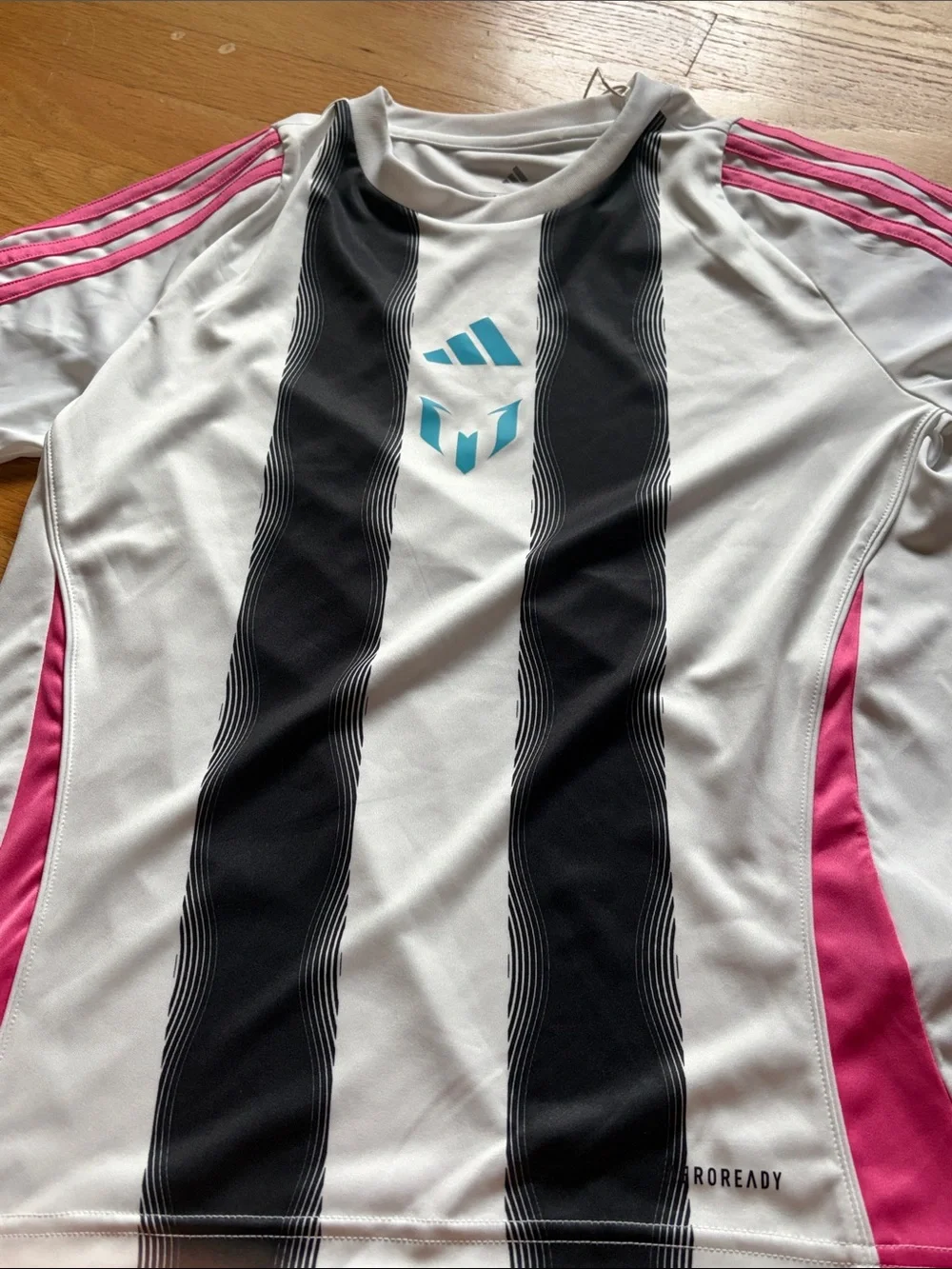 Messi Adidas White Soccer Jersey with Black Stripes & Pink Accents, YM New